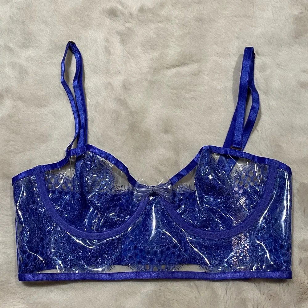(XS) Savage x Fenty Lace & Vinyl Bustier Bra Extra Small Clear Metallic Blue - Picture 2 of 14